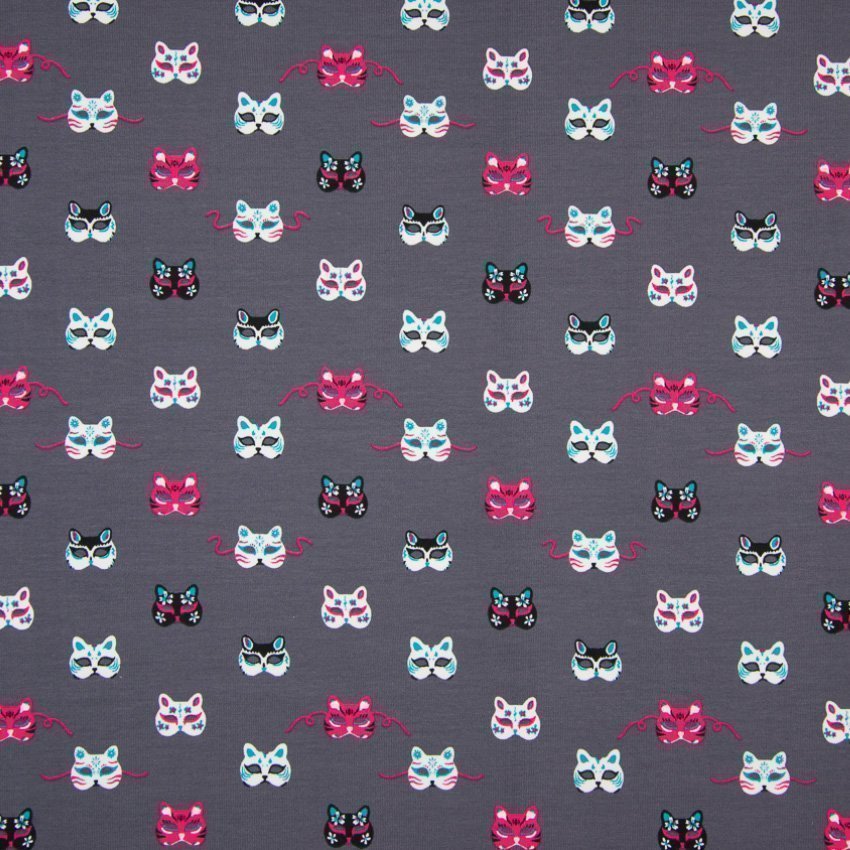 Tissu Jersey Coton Masques Fuchsia et blanc sur fond Gris foncé