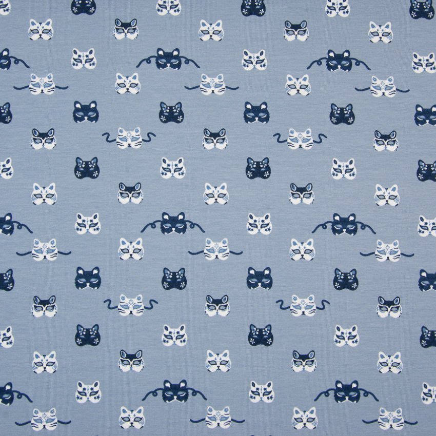 Tissu Jersey Coton Masques Bleu marine et blanc sur fond Bleu