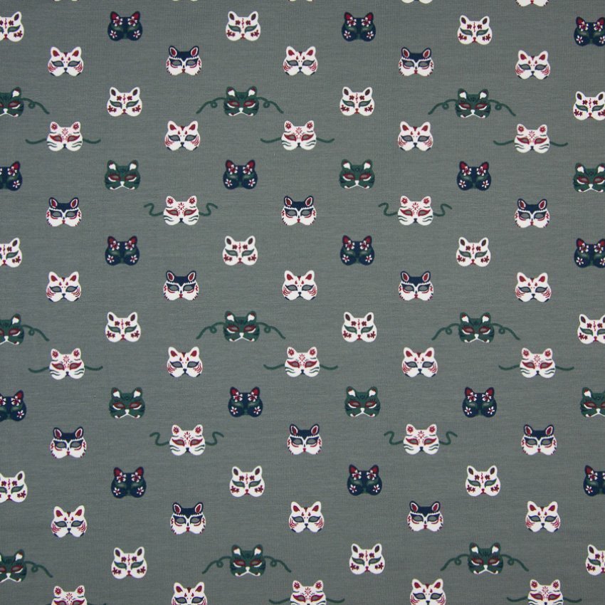 Tissu Jersey Coton Masques Vert et blanc sur fond Vert gris