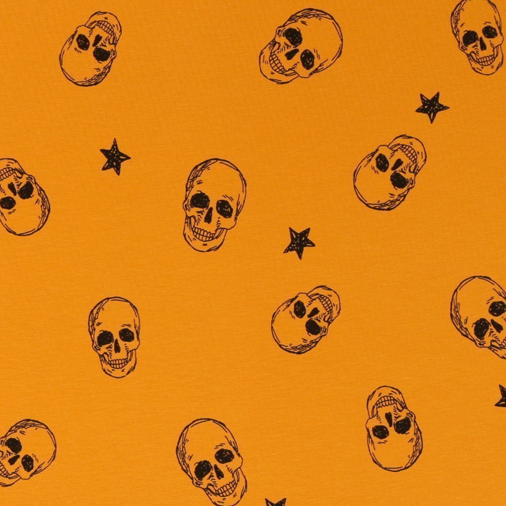 Tissu Jersey Coton Têtes de mort et étoiles Noires sur fond Jaune moutarde