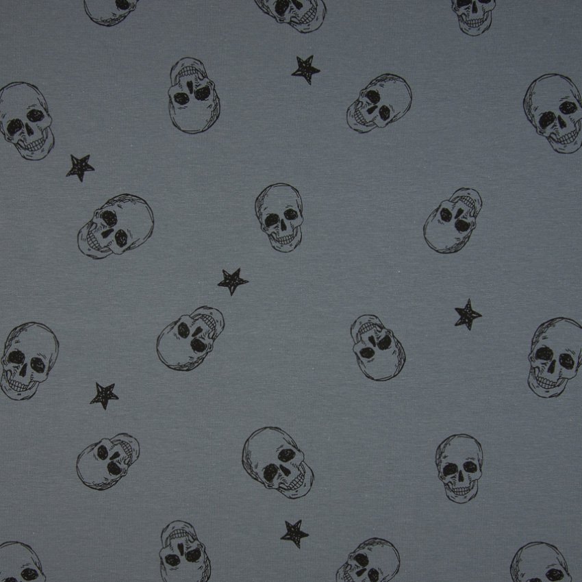 Tissu Jersey Coton Têtes de mort et étoiles Noires sur fond Gris anthracite