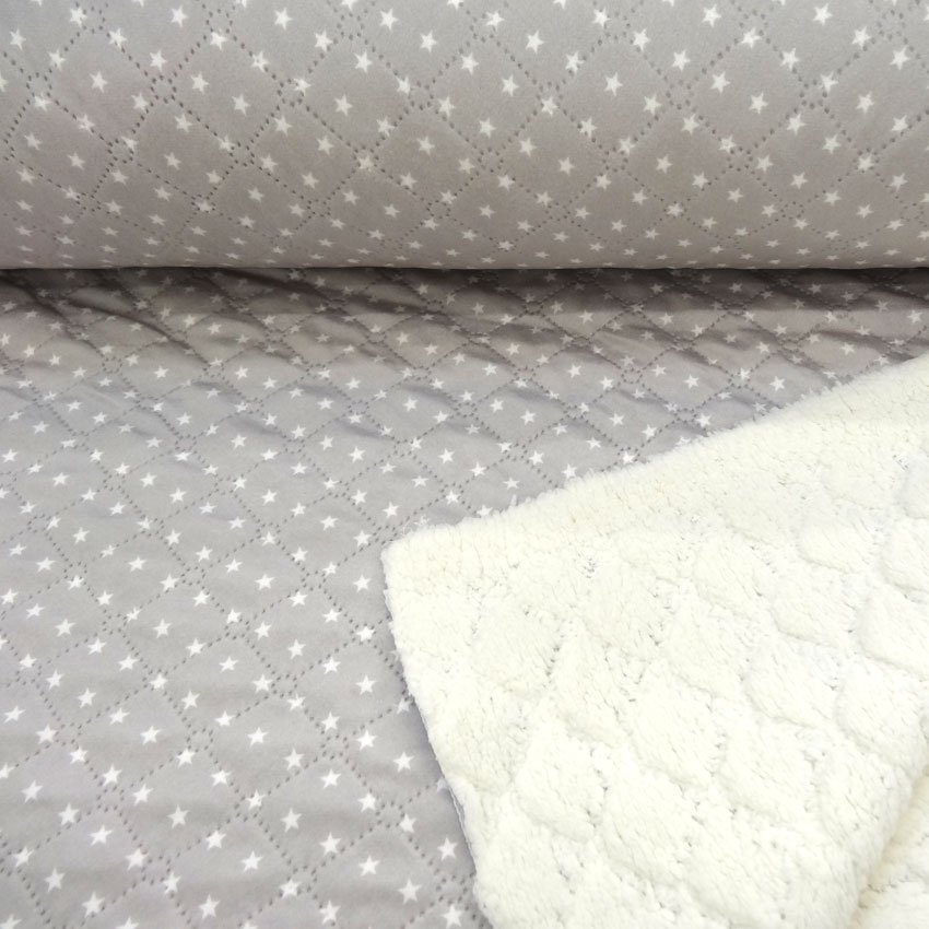 Tissu Matelassé Fourrure réversible imprimé étoiles Gris
