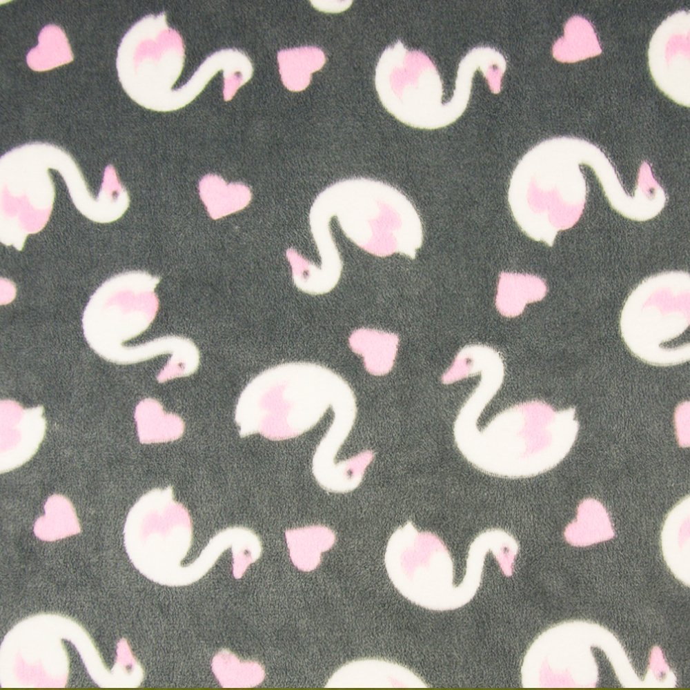 Tissu Doudou Cygnes Blancs / Roses sur fond Anthracite