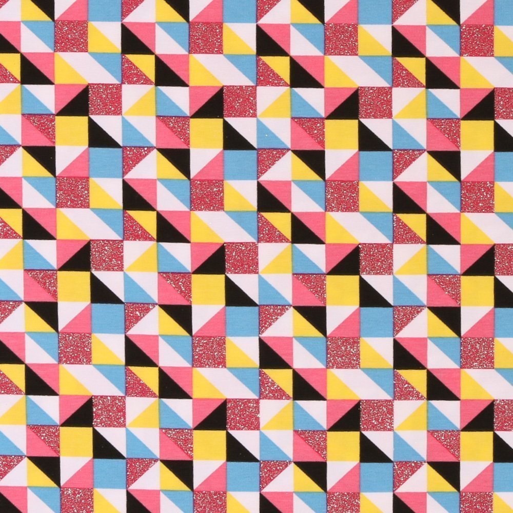 Tissu Jersey Coton Motifs géométriques Multicolores sur fond Blanc