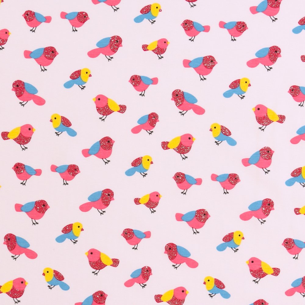 Tissu Jersey Coton Oiseaux Bleus et roses sur fond Blanc