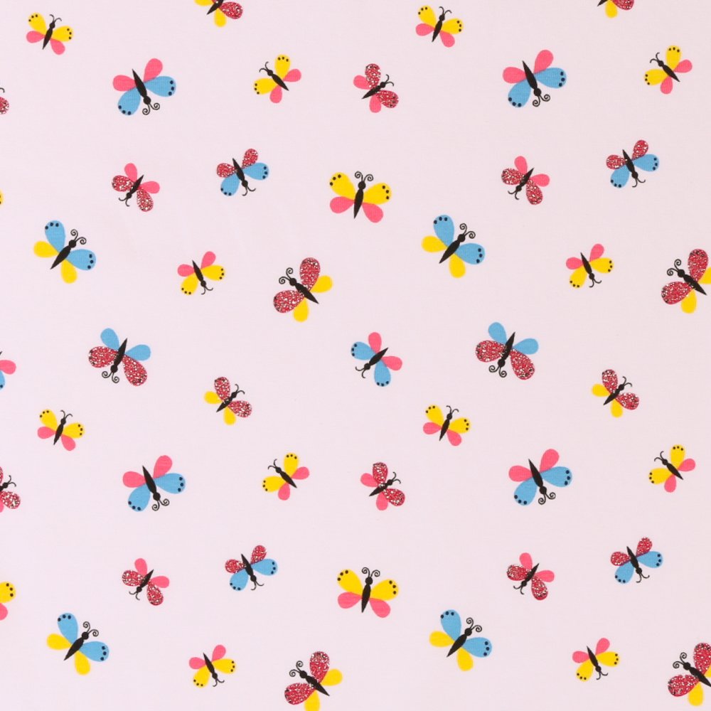 Tissu Jersey Coton Papillons Bleus et roses sur fond Blanc