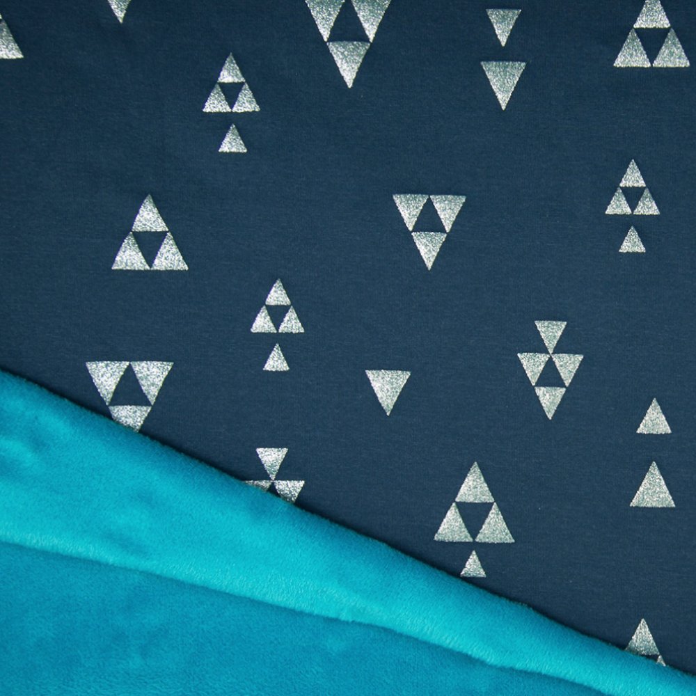 Tissu Sweat Triangles Argent sur fond Marine envers minky Turquoise