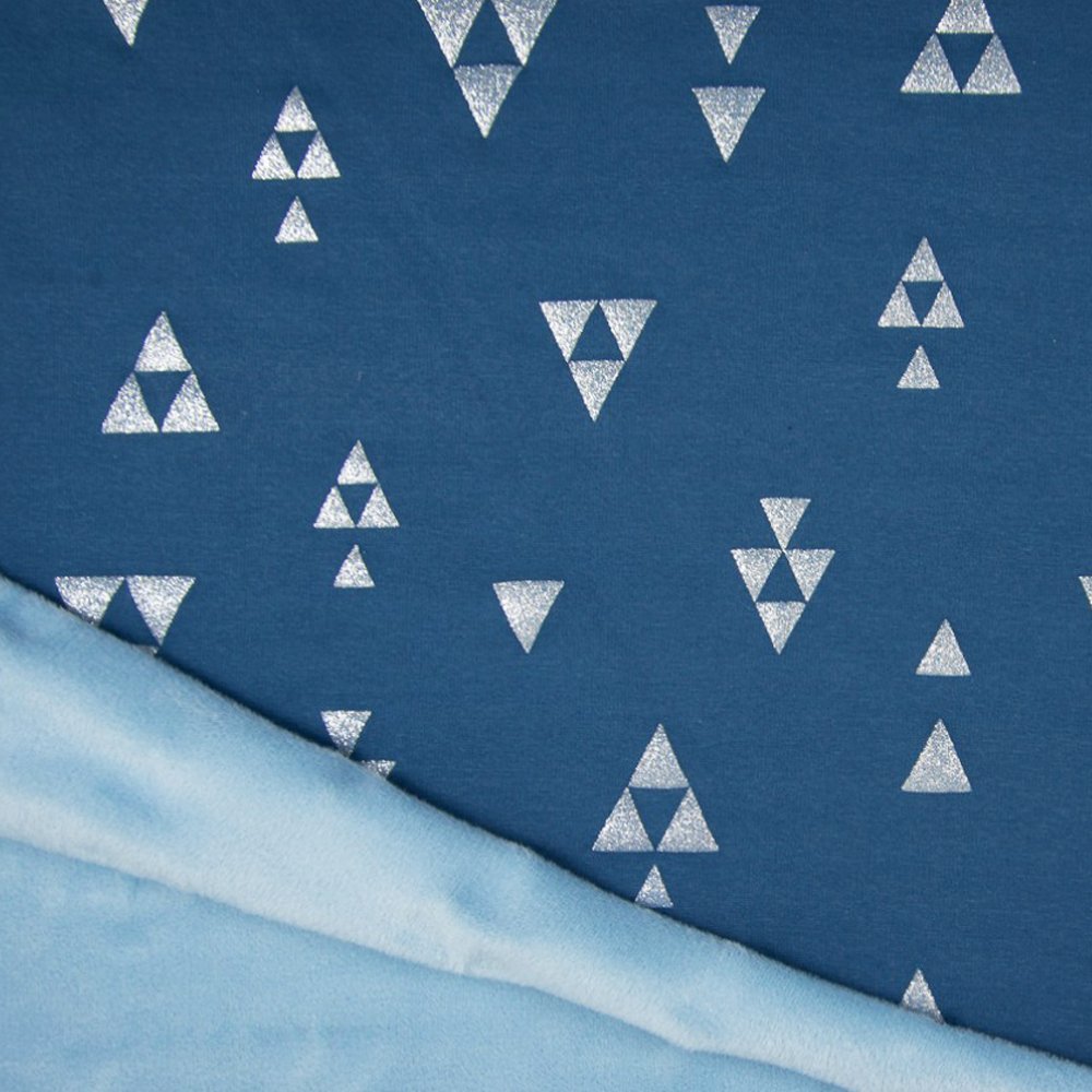 Tissu Sweat envers minky Triangles Argent sur fond Bleu envers minky Bleu clair