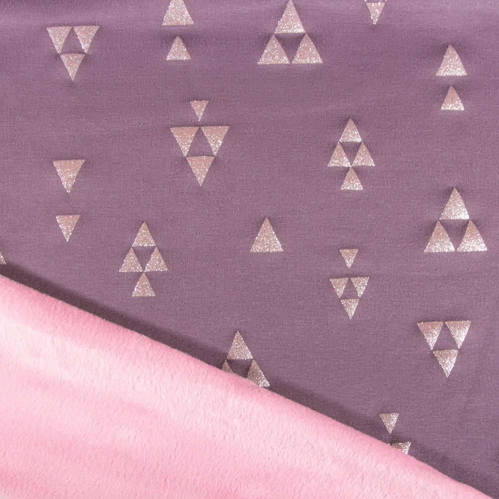 Tissu Sweat envers minky Triangles Argent sur fond Vieux rose envers minky Rose pâle