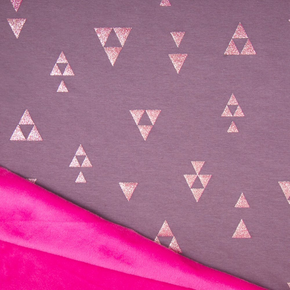 Tissu Sweat envers minky Triangles Argent sur fond Vieux rose envers minky Fuschia