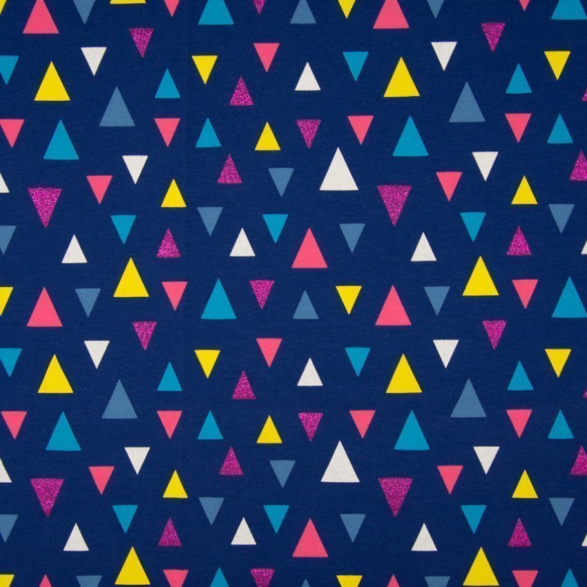 Tissu Jersey Coton Triangles Pailletés Roses / Jaunes sur fond Marine