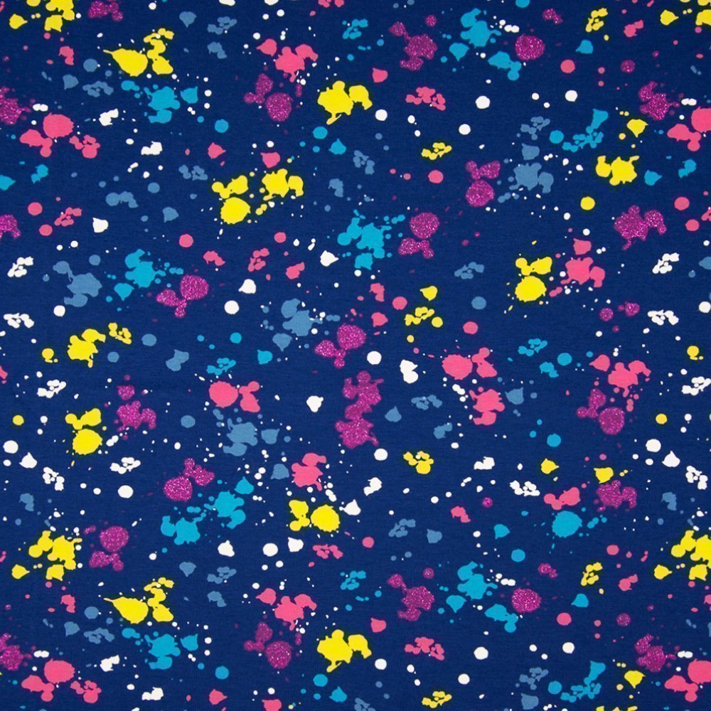 Tissu Jersey Coton Splash Pailleté Roses / Jaunes sur fond Marine