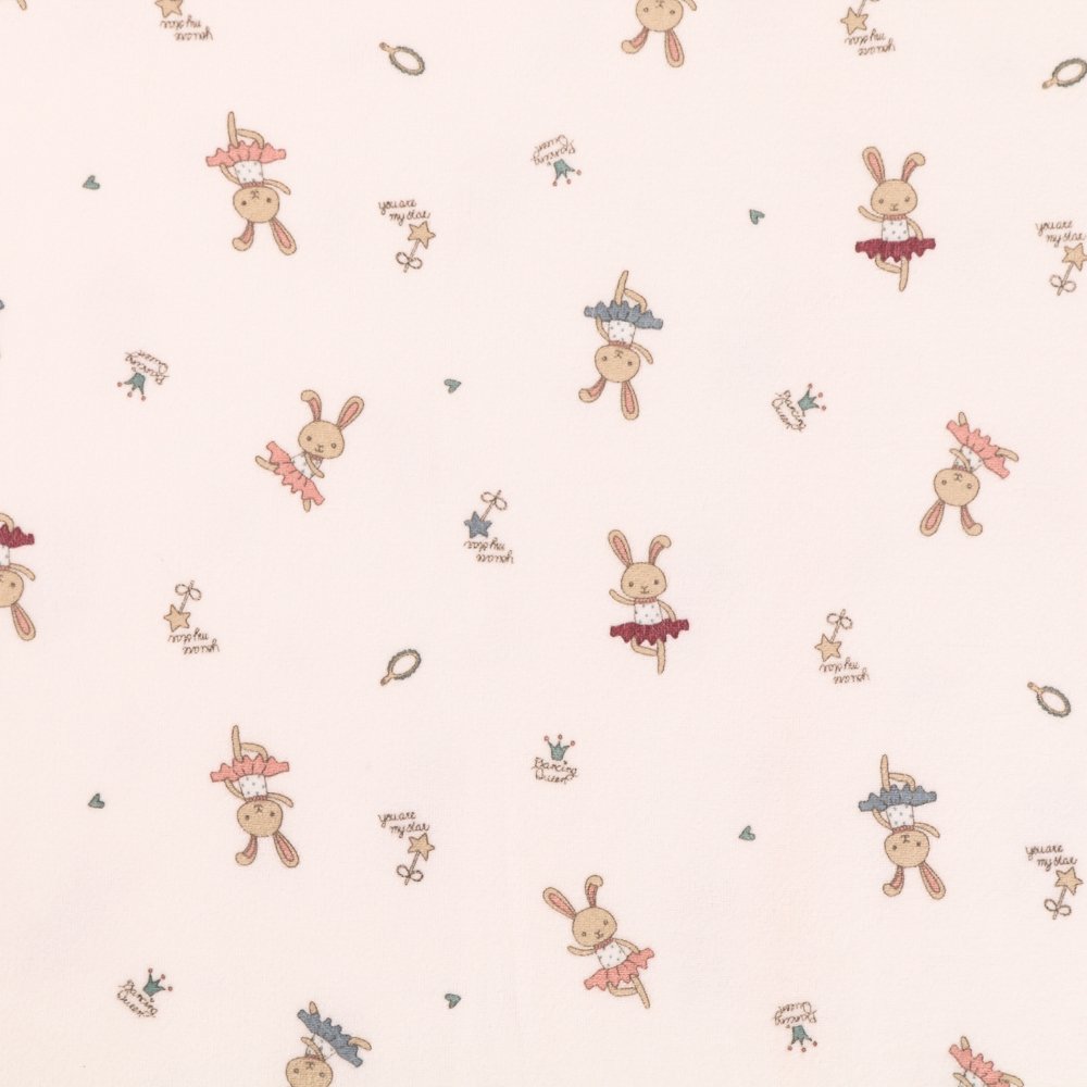 Tissu Jersey Velours imprimé Lapines danseuses sur fond Ecru