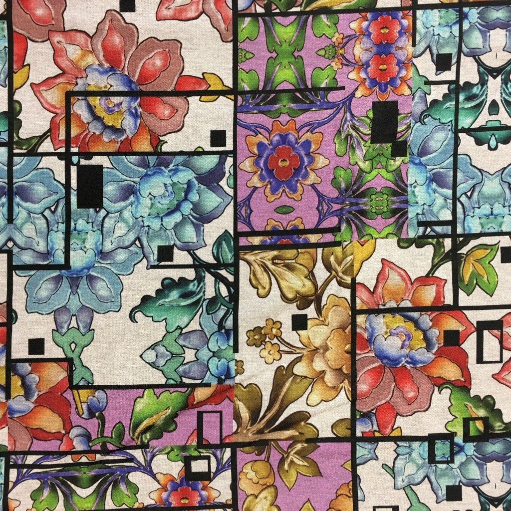 Tissu Jersey Gris Fleurs Multicolores