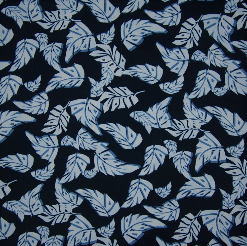 Tissu Crêpe Bleu marine Feuilles Blanches
