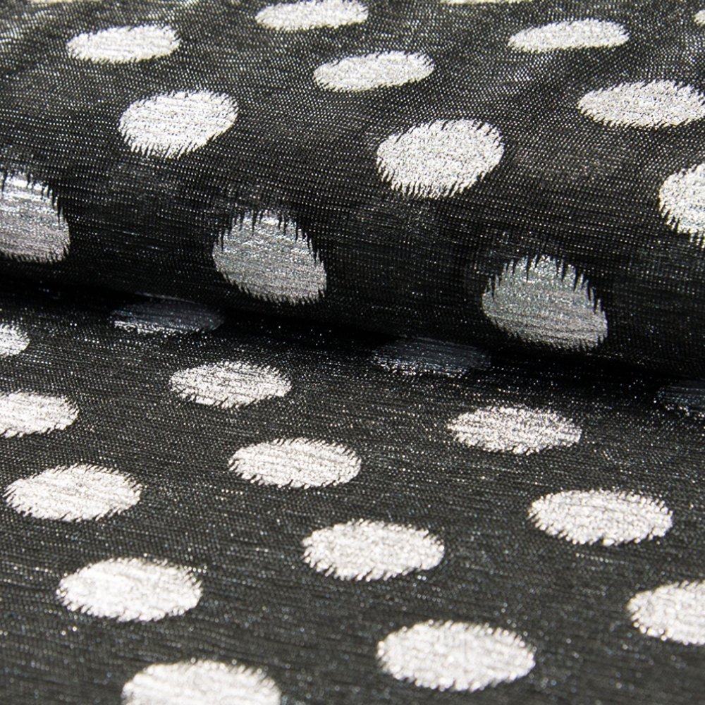 Tissu Résille à paillettes Ronds Argent sur fond Noir