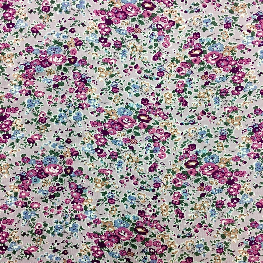 Tissu Jersey Viscose Vieux rose Fleurs Roses et violettes