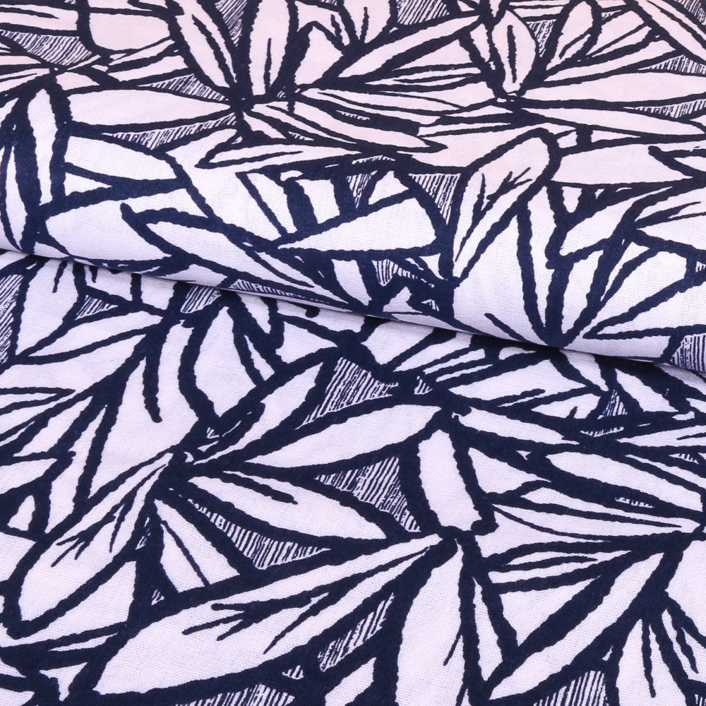 Tissu Viscose aspect lin Blanc Feuilles Bleues