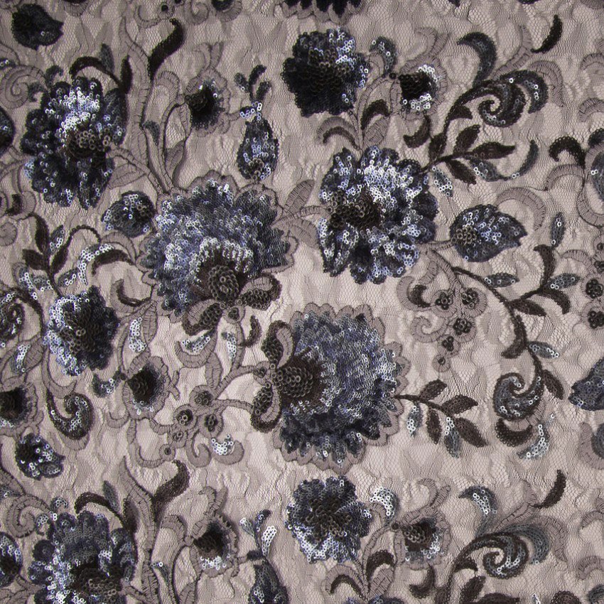 Tissu Paillettes Fleurs Argent