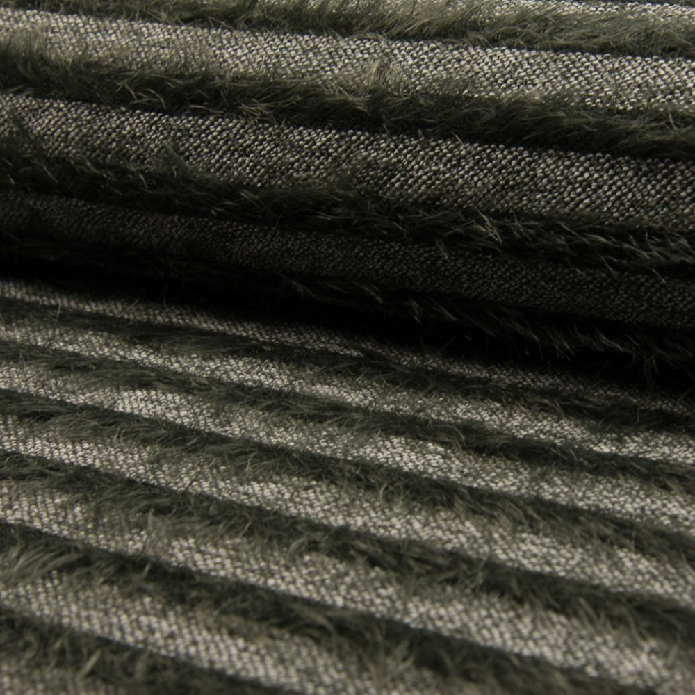 Tissu Maille Rayures à poils Kaki