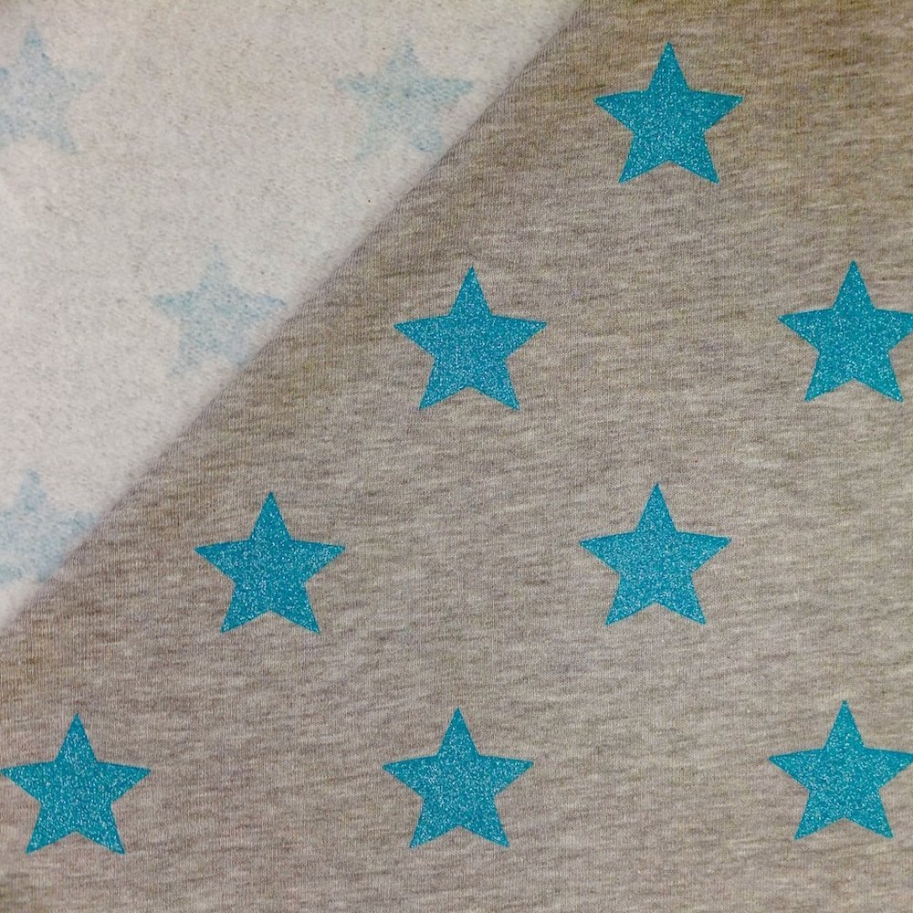 Tissu Sweat Gris clair chiné Etoiles turquoises à paillettes