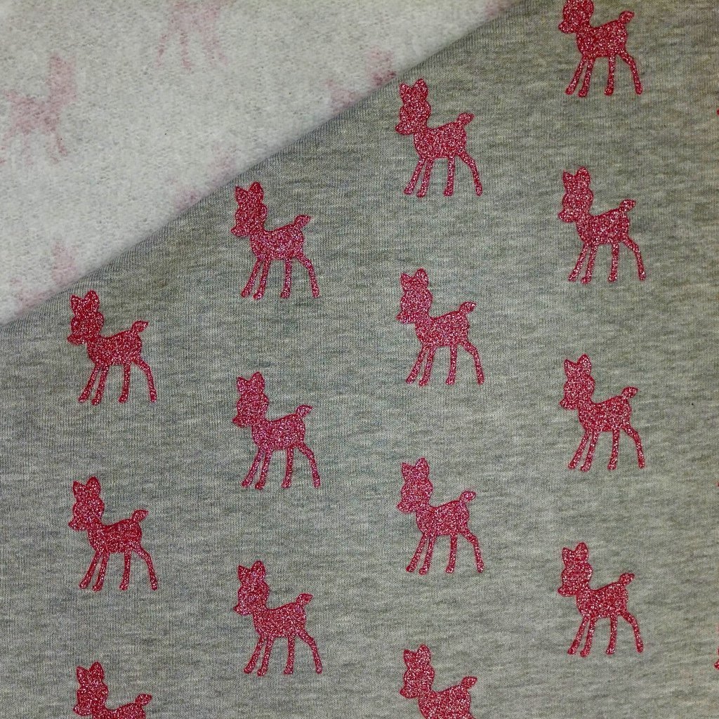 Tissu Sweat Gris clair chiné Biches roses à paillettes