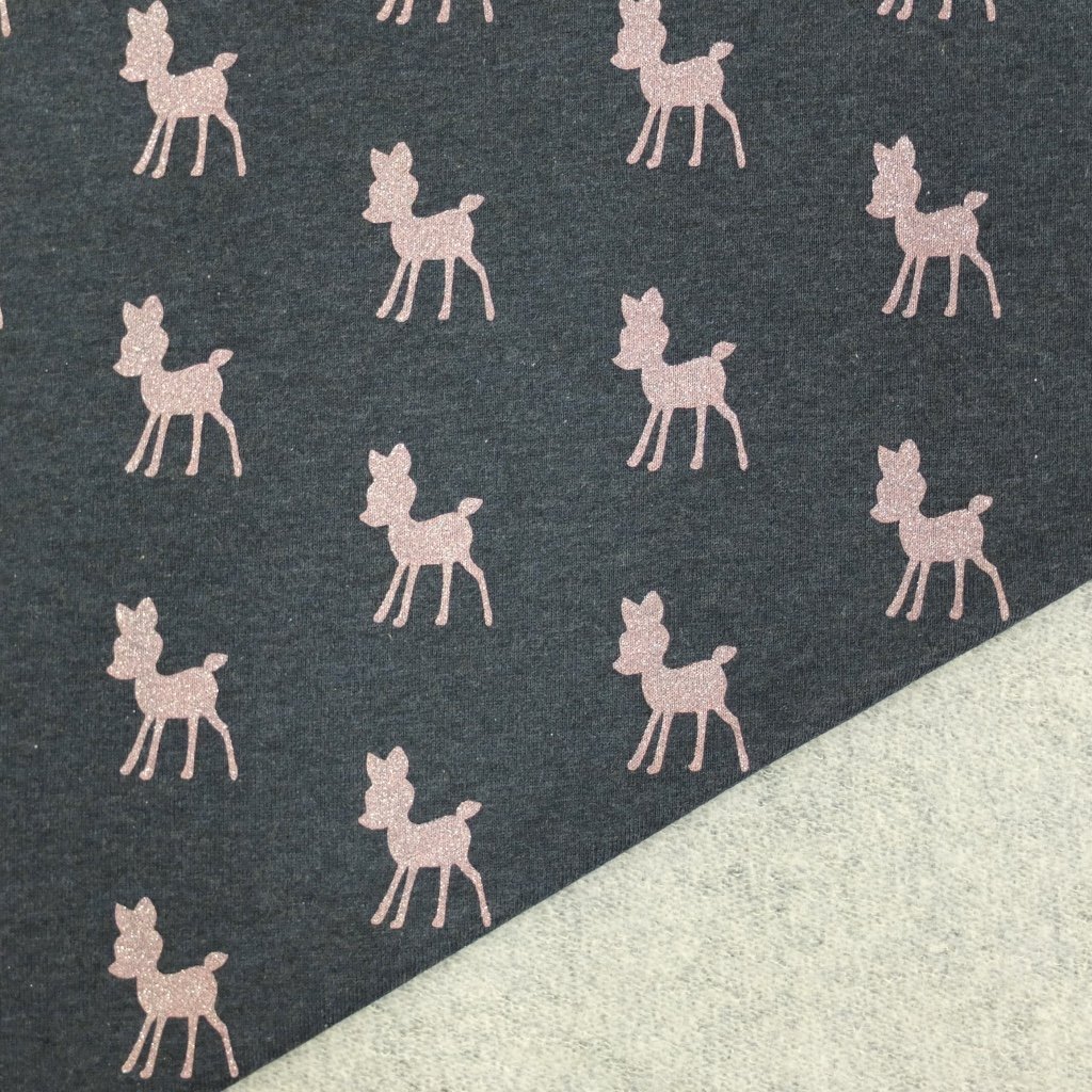 Tissu Sweat Bleu marine chiné Biches roses clair à paillettes