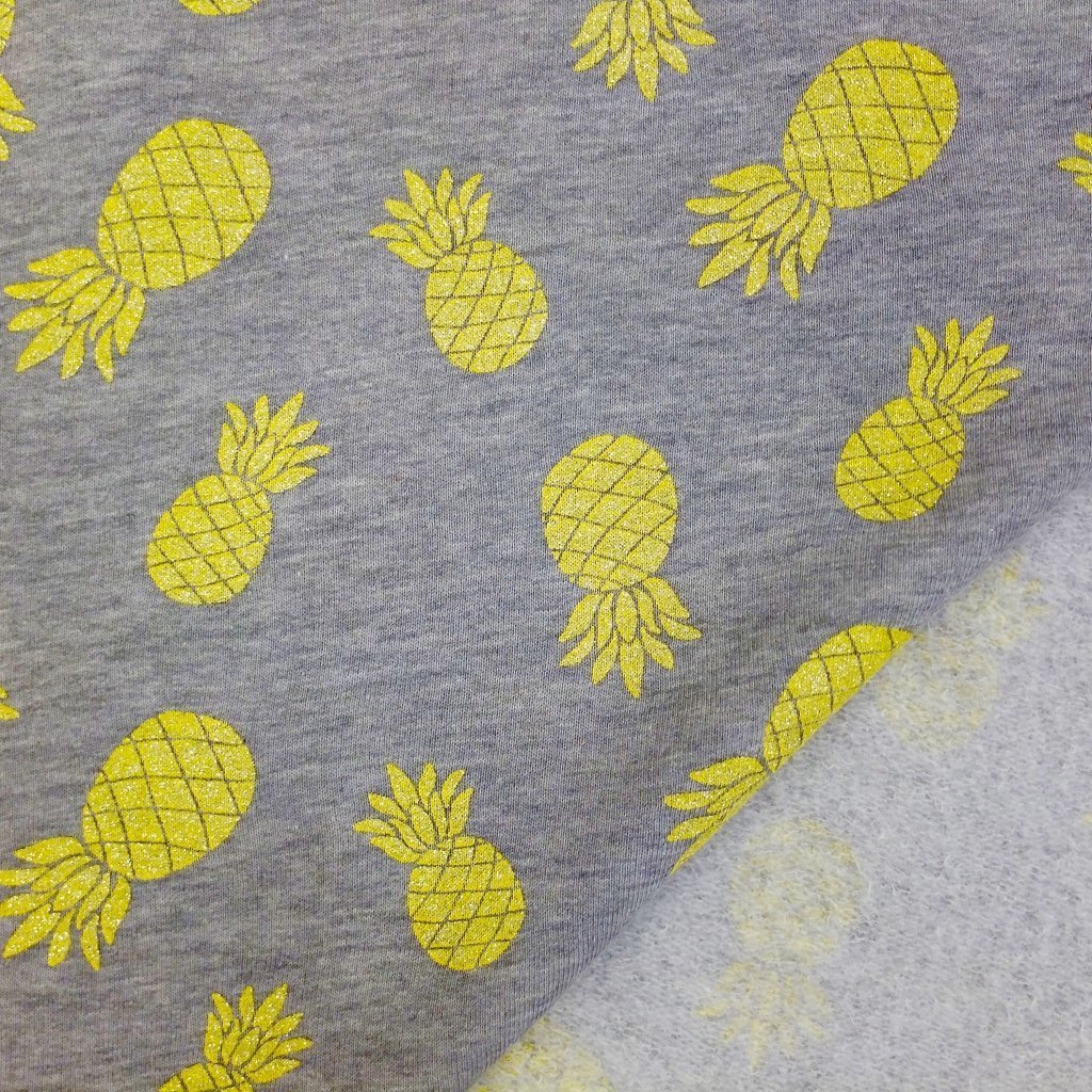 Tissu Sweat Gris clair chiné Ananas jaunes à paillettes