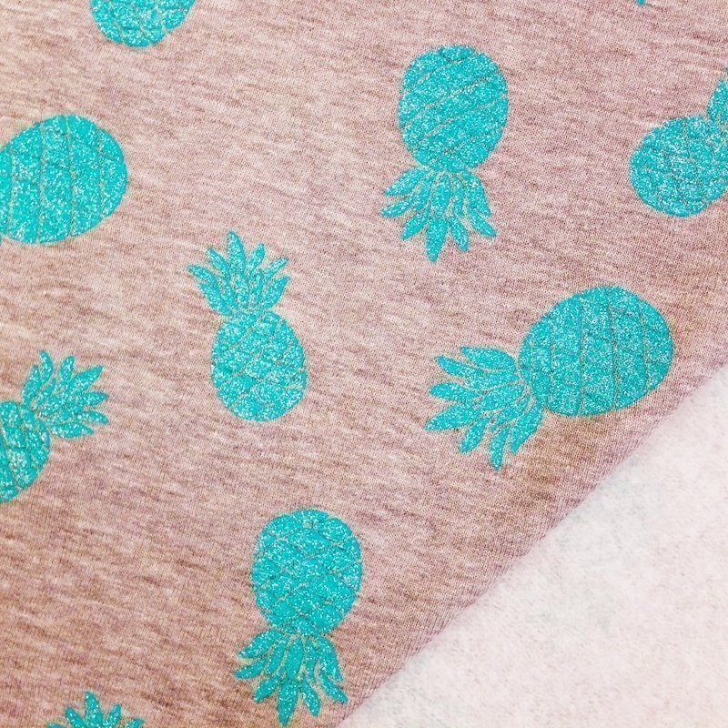 Tissu Sweat Gris clair chiné Ananas turquoises à paillettes