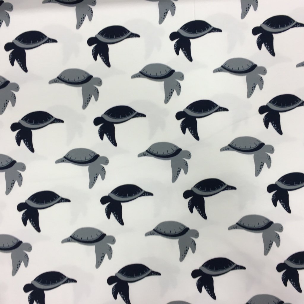 Tissu Jersey coton Blanc Tortues Bleues marines et grises