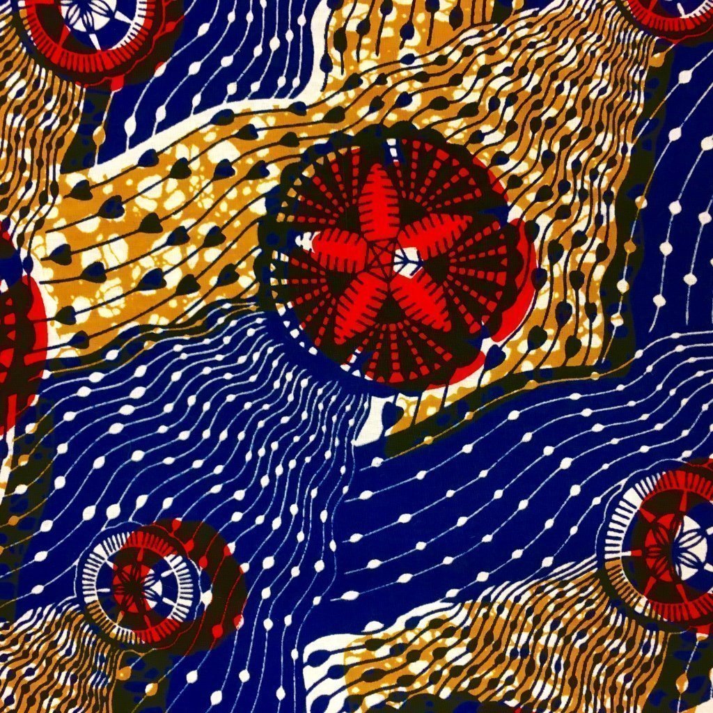 Tissu Wax africain N° 222 Marron Motifs africain Rouges et bleu marine