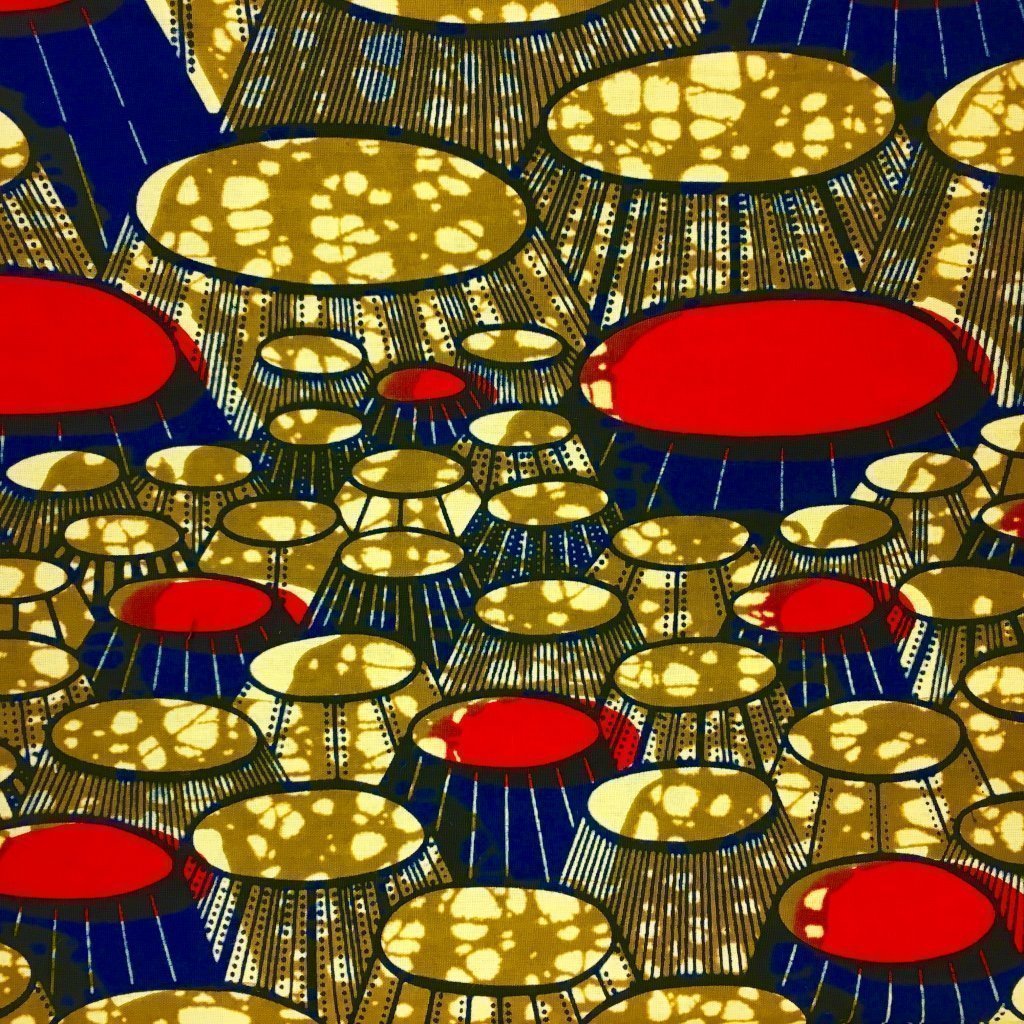 Tissu Wax africain N° 223 Vert kaki Motifs africain Rouges et bleu marine