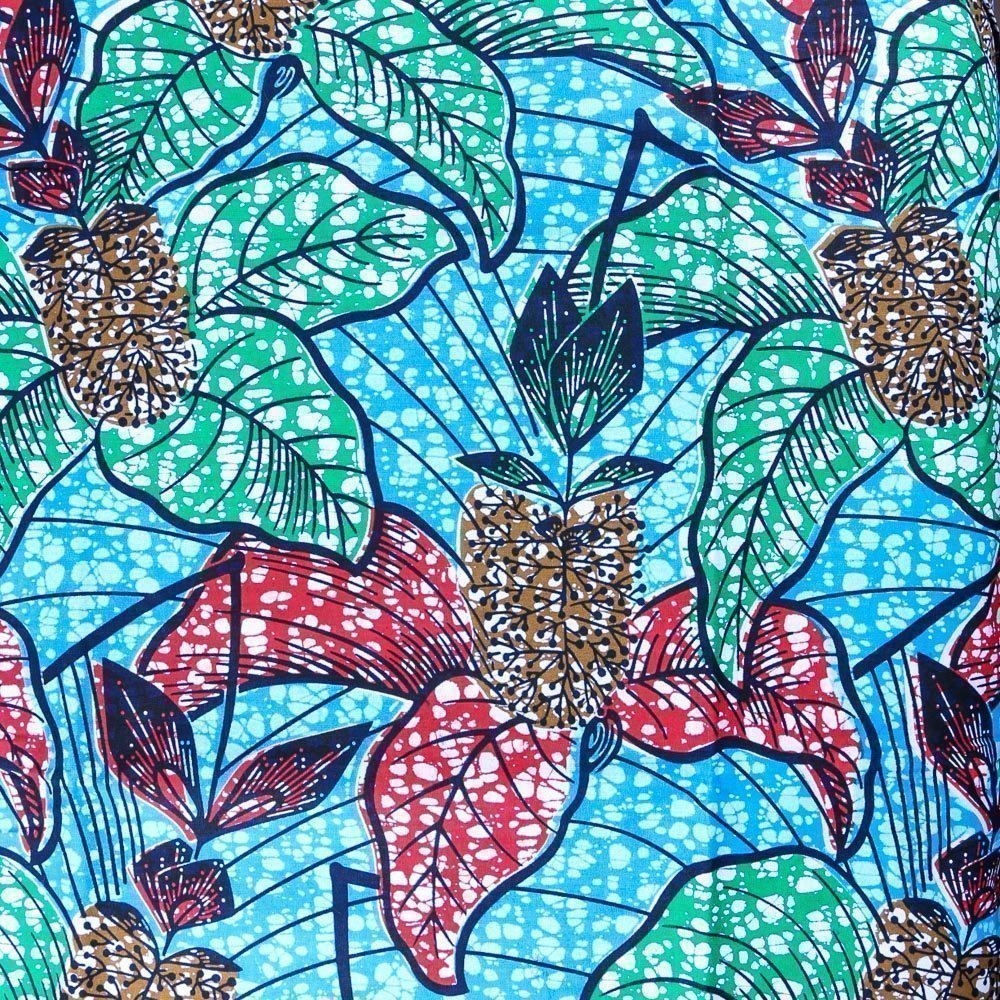 Tissu Wax Africain N°241 Fleurs Rouges et vertes sur fond Bleu