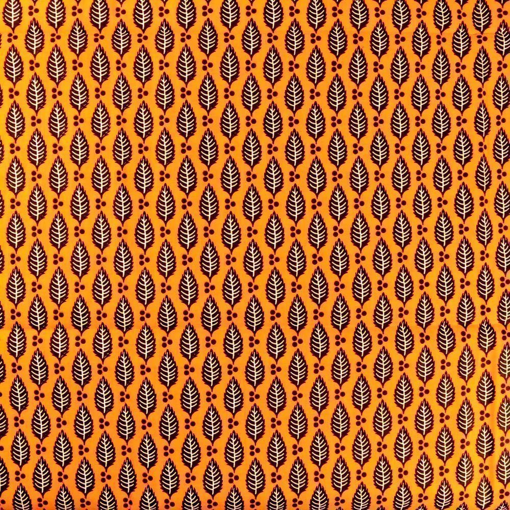 Tissu Wax Africain N°242 Feuilles Noires et blanches sur fond Orange