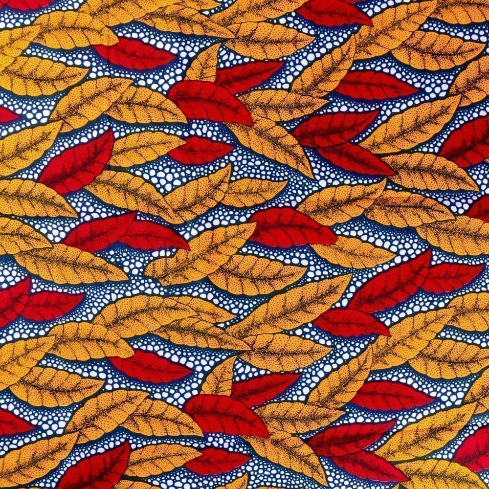 Tissu Wax Africain N°244 Feuilles Oranges et rouges sur fond Bleu marine et blanc
