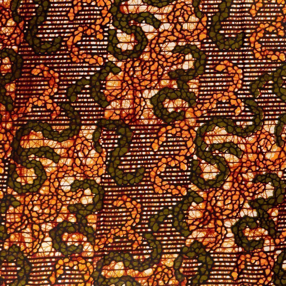 Tissu Wax Africain N°246 Serpentins kaki et oranges sur fond Orange et bordeaux