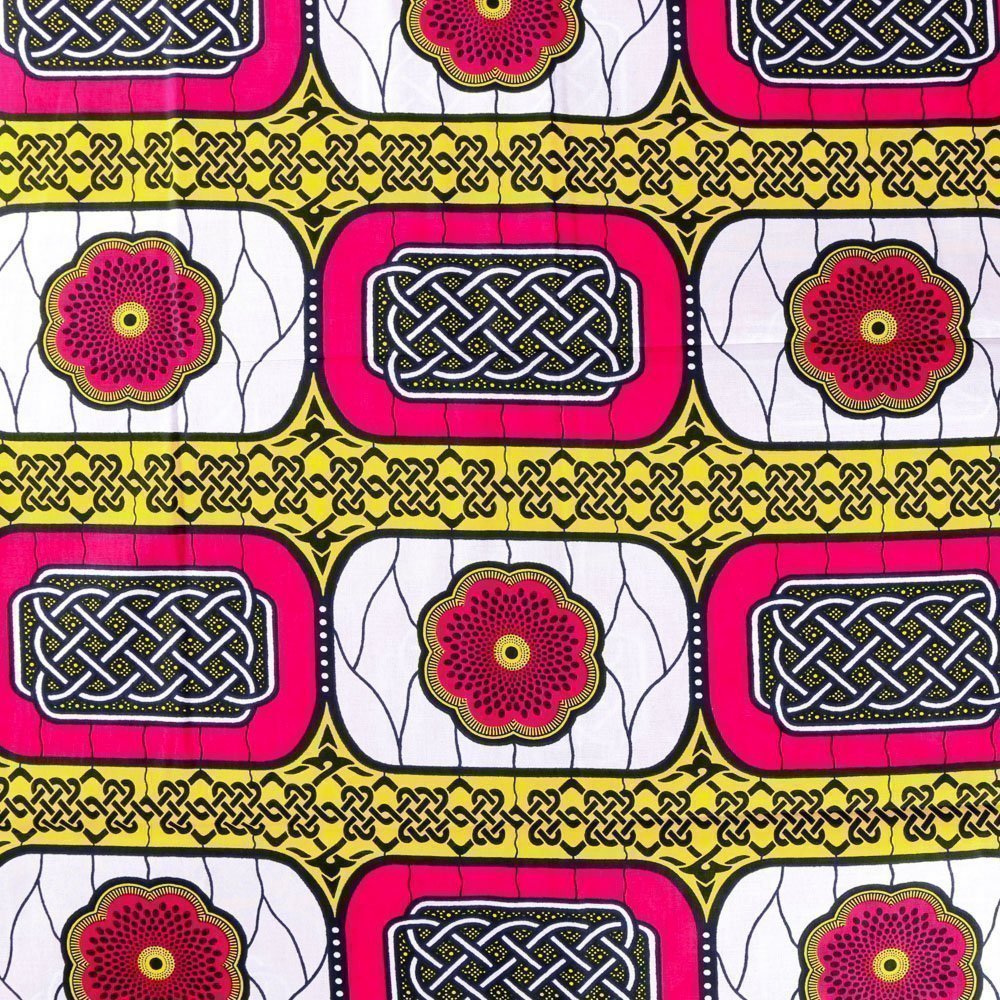 Tissu Wax Africain N°247 Rosaces et tresses Roses, blanches et noires sur fond Jaune
