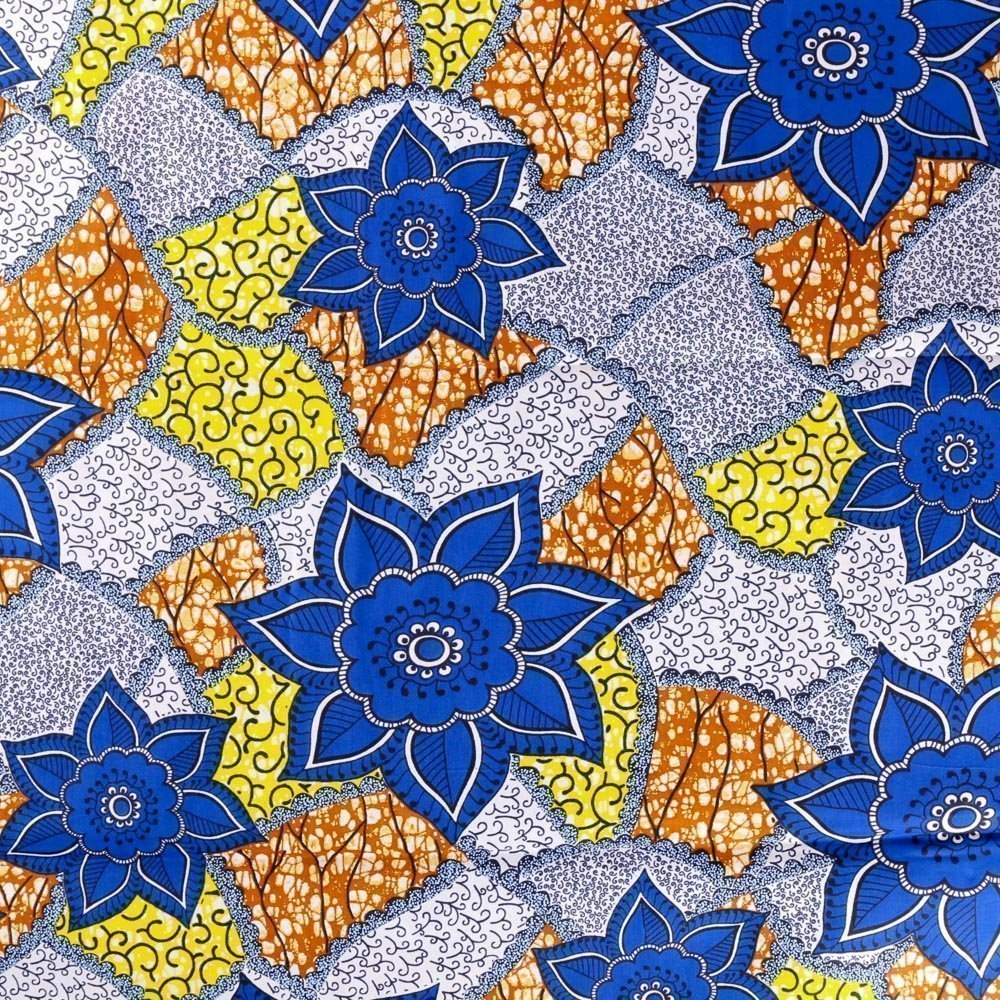 Tissu Wax Africain N°248 Fleurs Bleu roi, jaunes et marrons sur fond Bleu marine et blanc