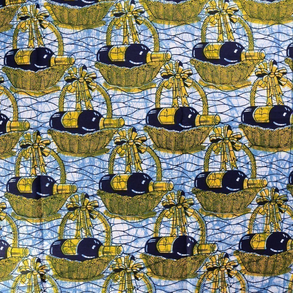 Tissu Wax Africain N°249 Paniers et bouteilles Jaunes et bleu marine sur fond Bleu