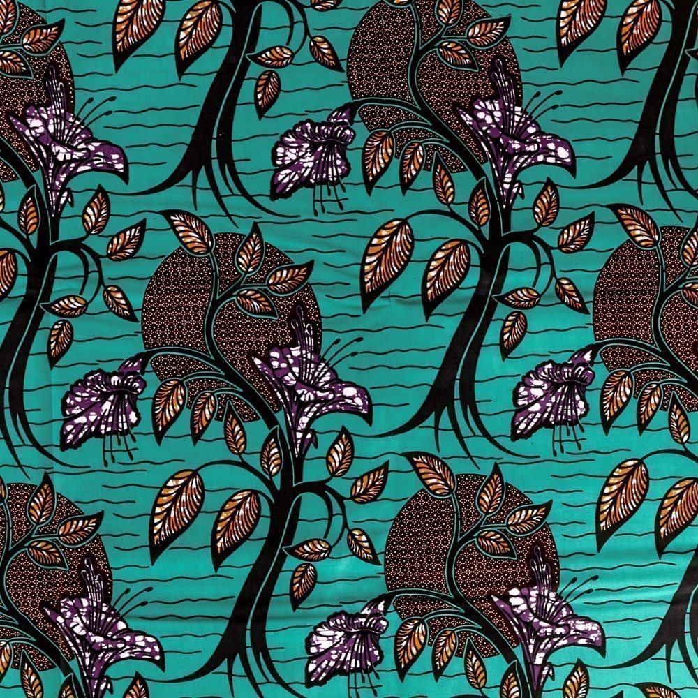 Tissu Wax Africain N°250 Arbres fleuris noirs, oranges et violets sur fond Emeraude