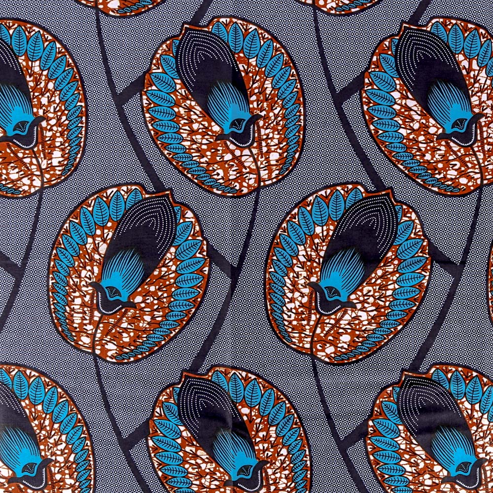 Tissu Wax Africain N°252 Bourgeons de fleurs Bleus et marrons sur fond Bleu marine et blanc