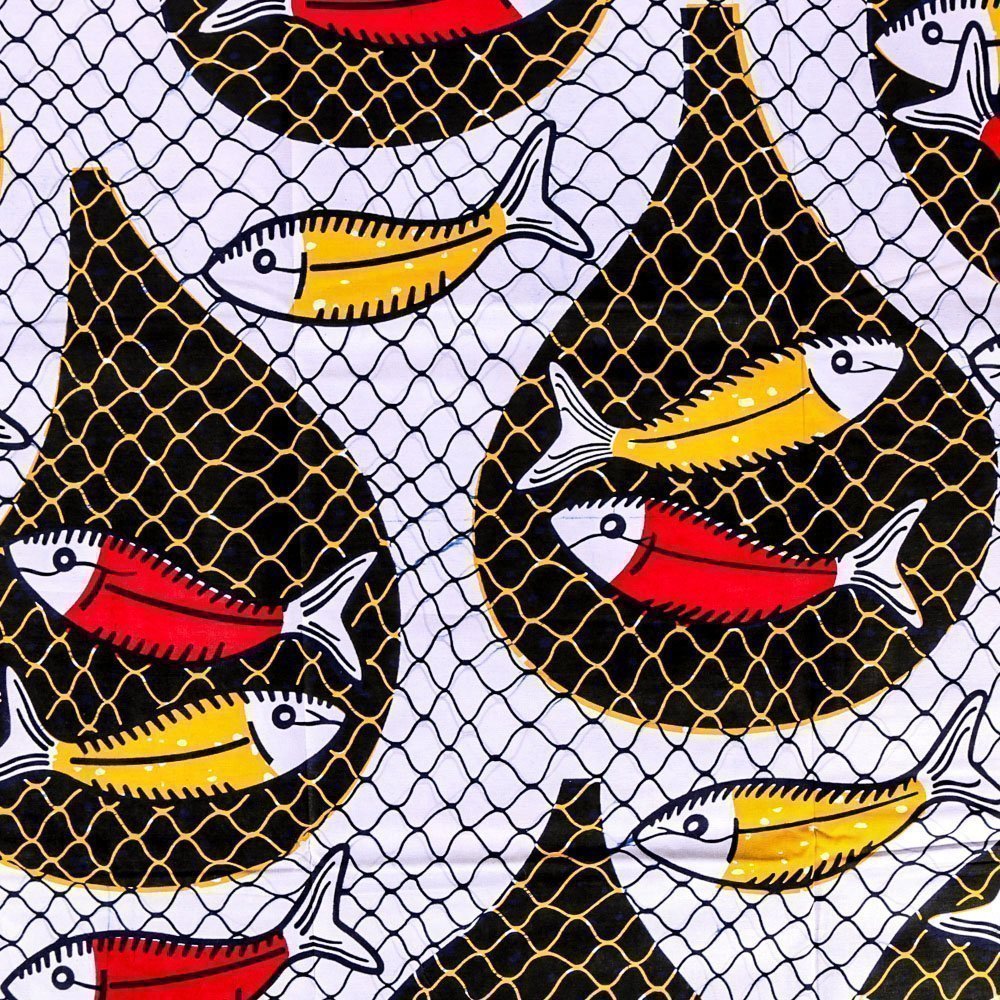 Tissu Wax Africain N°253 Poissons et filets Rouges et verts sur fond Blanc