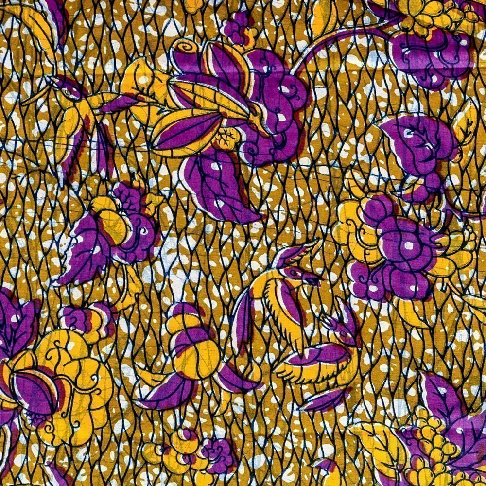 Tissu Wax Africain N°254 Fleurs et oiseaux Jaunes et violets sur fond Moutarde