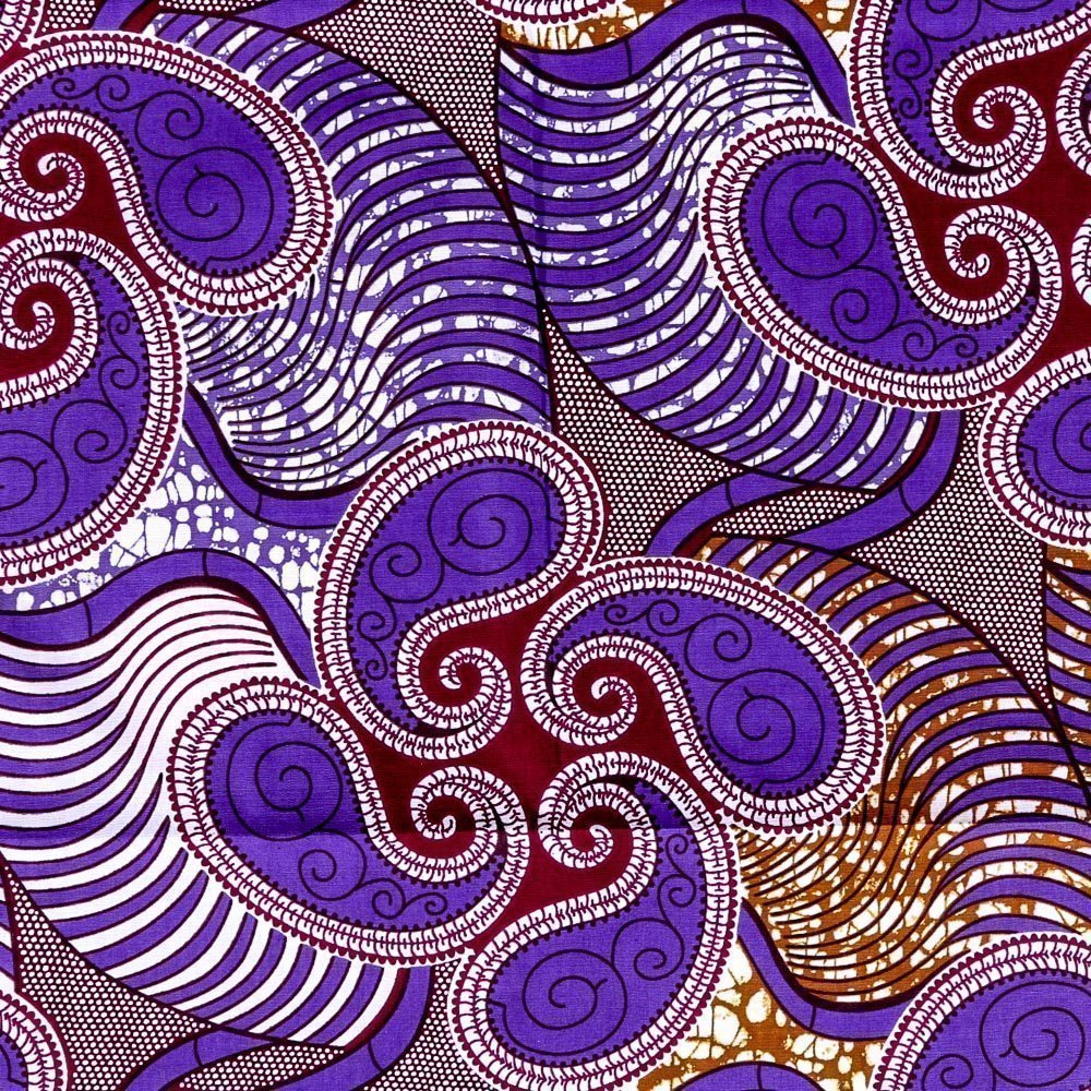 Tissu Wax Africain N°255 Rosaces Violettes et Bordeaux sur fond Prune et Blanc