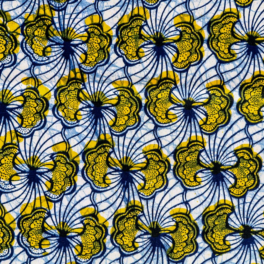 Tissu Wax Africain N°256 Fleurs Jaunes et bleu marine sur fond Bleu