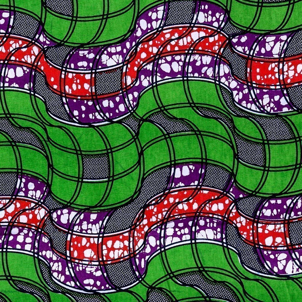 Tissu Wax Africain N°257 Carrés Rouges, violets et verts sur fond Bleu marine et blanc