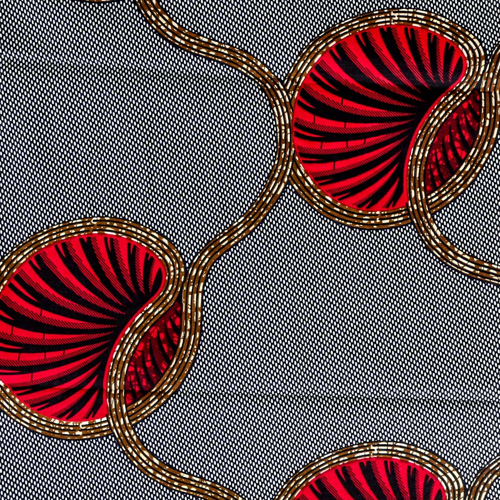 Tissu Wax Africain N°258 Cercles Rouges et marrons sur fond Bleu marine et blanc