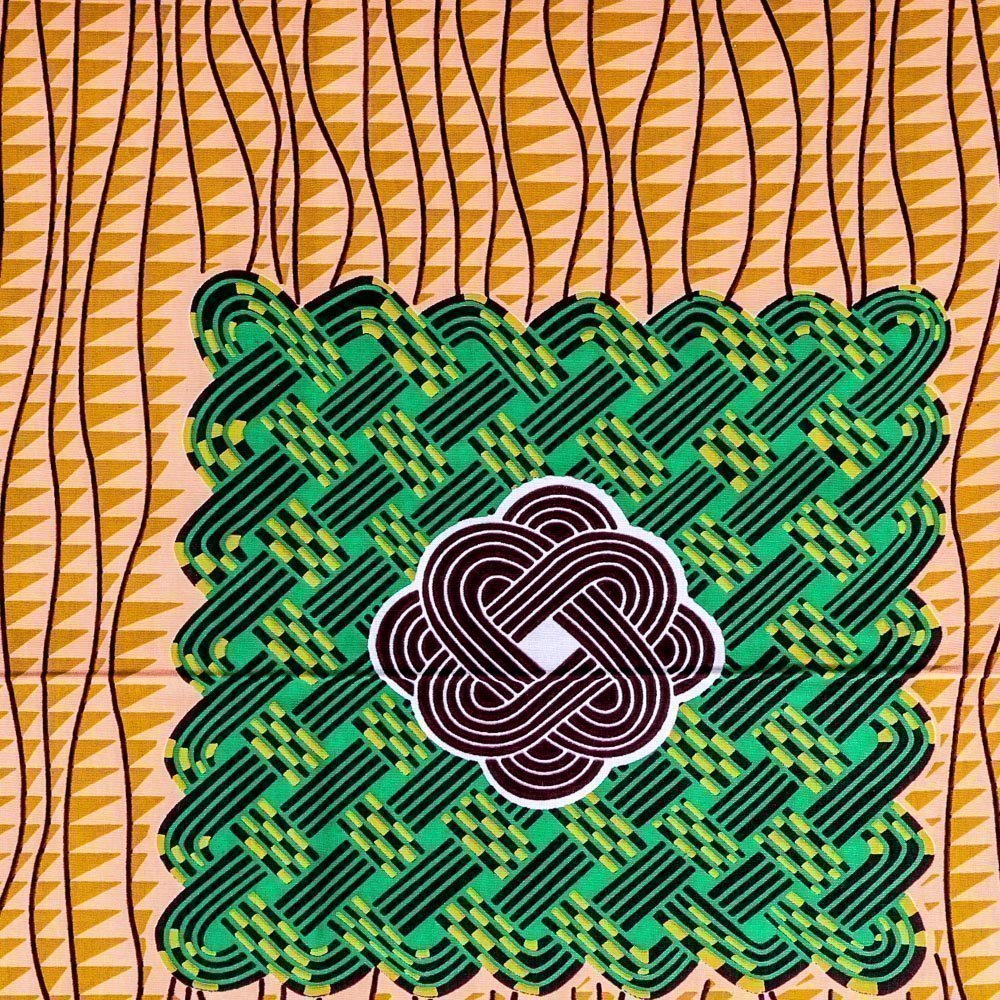 Tissu Wax Africain N°260 Rectangles Verts et Jaunes sur fond Rose Saumon