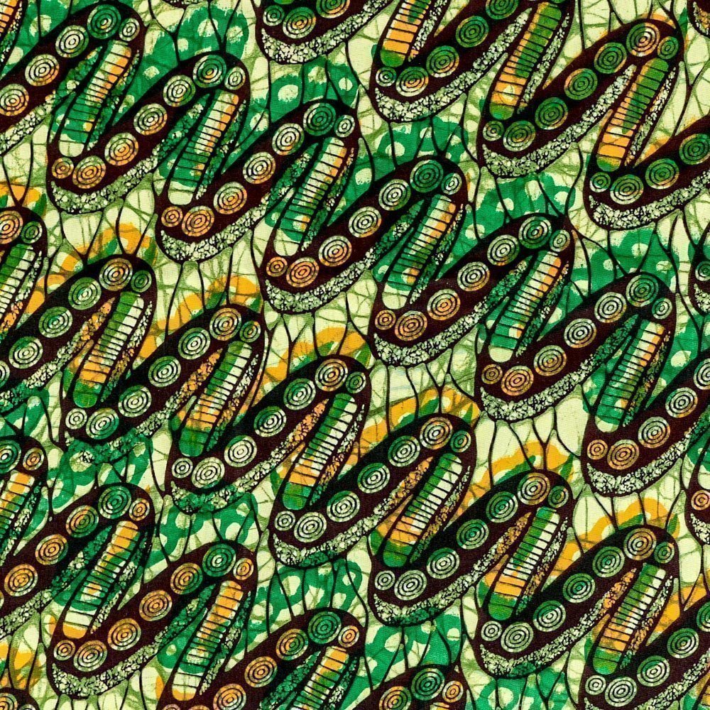 Tissu Wax Africain N°261 Serpentins Bruns et oranges sur fond Vert