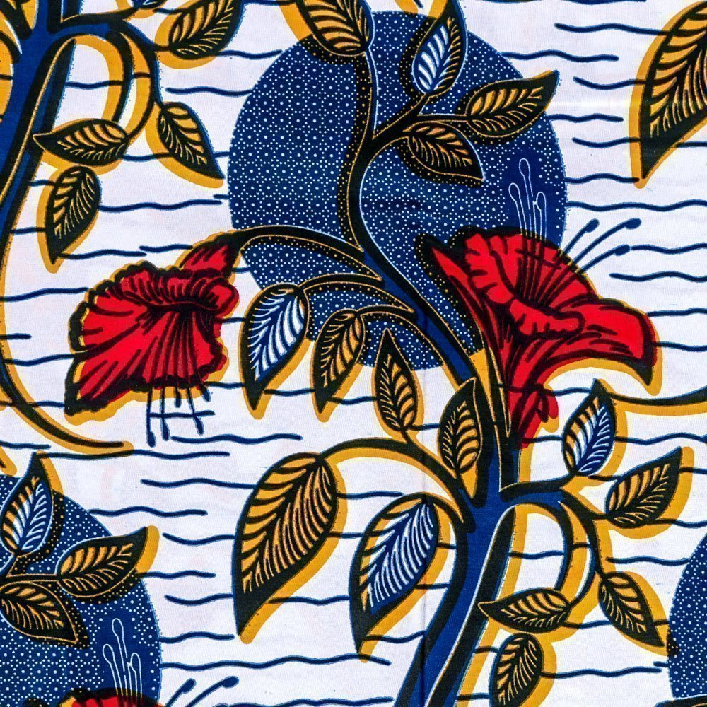 Tissu Wax Africain N°262 Fleurs Rouges et jaunes sur fond Blanc